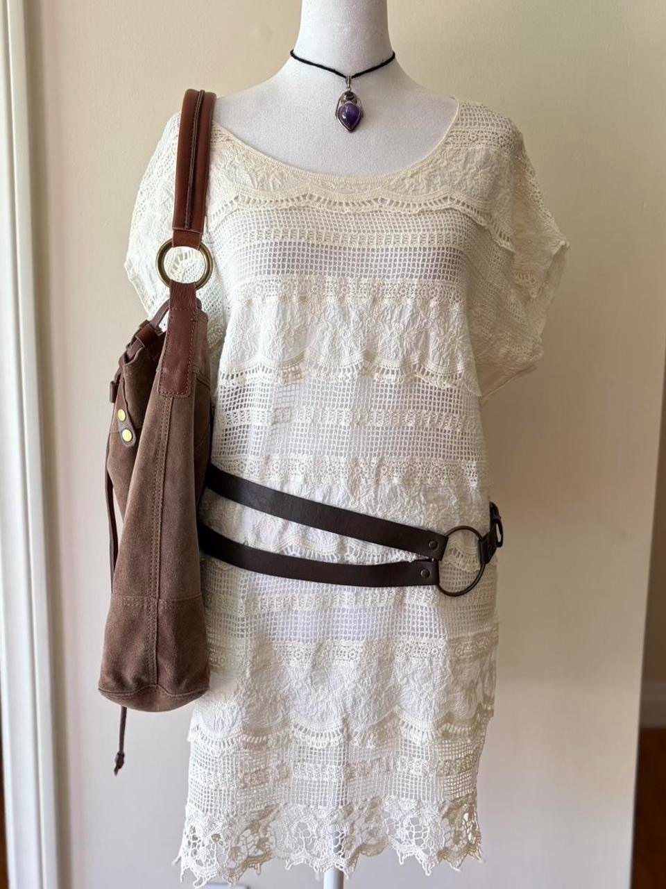Vintage Edwardian Boho Sheer Lace Dress White Floral Embroidered Crochet M/L